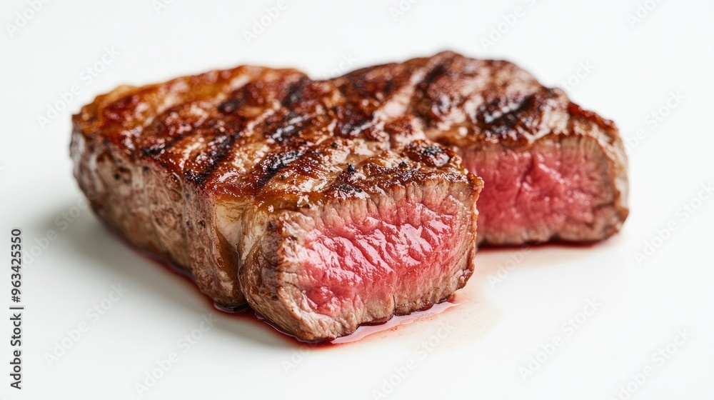 A beautifully cooked steak with a rich, caramelized crust, set on a white background, showcasing its mouth-watering texture and color A beautifully cooked steak with a rich, caramelized crust, set on a white background, showcasing its mouth-watering texture and color
