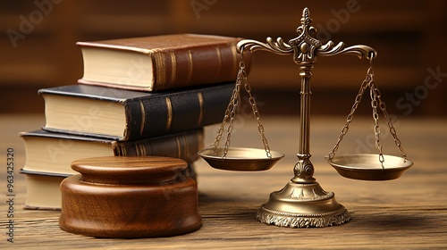 A golden scale of justice stands on a wooden table, with a stack of leather bound books and a gavel nearby.