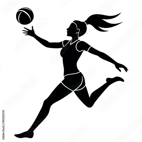 a female volleyball player mid-air, arm fully extended and ready to spike the ball