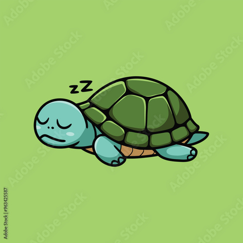 Cartoon turtle with a green shell and blue underbelly is sleeping