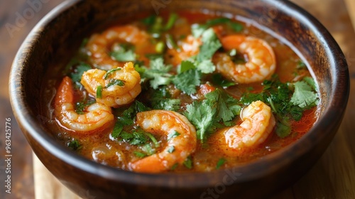 A bowl of hot and sour shrimp soup with vibrant colors, showcasing the contrast between the red broth and the green herbs and spices.