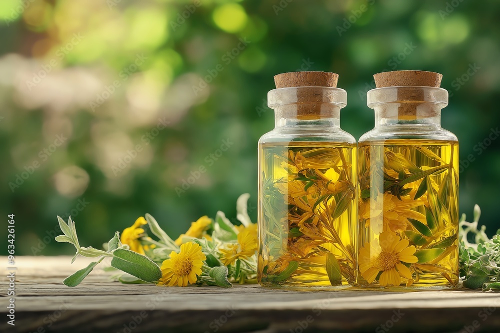 Two glass bottles of herbal oil with fresh flowers on a rustic wooden table. Two glass bottles of herbal oil with fresh flowers on a rustic wooden table.