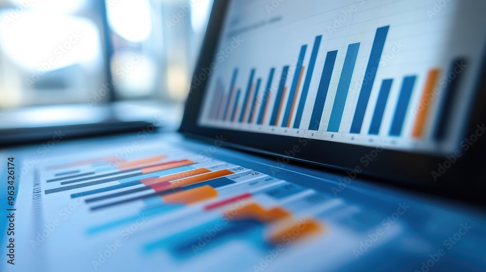 A business presentation slide with a dynamic bar graph and growth projections, highlighting key metrics in a sleek and engaging design. A business presentation slide with a dynamic bar graph and growth projections, highlighting key metrics in a sleek and engaging design.