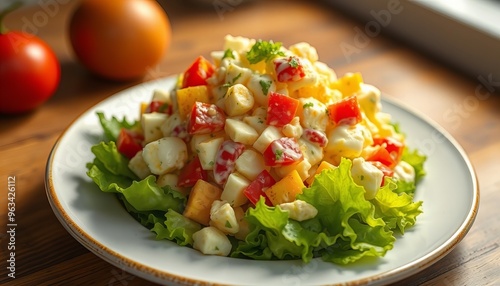 there is a salad on a plate with tomatoes and lettuce. photo