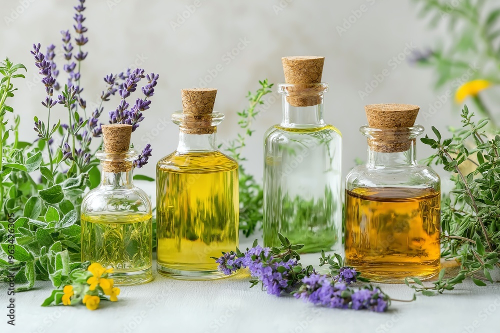 Four bottles of essential oils with lavender, rosemary, and thyme. The bottles are arranged on a white surface with the herbs surrounding them. Four bottles of essential oils with lavender, rosemary, and thyme. The bottles are arranged on a white surface with the herbs surrounding them.