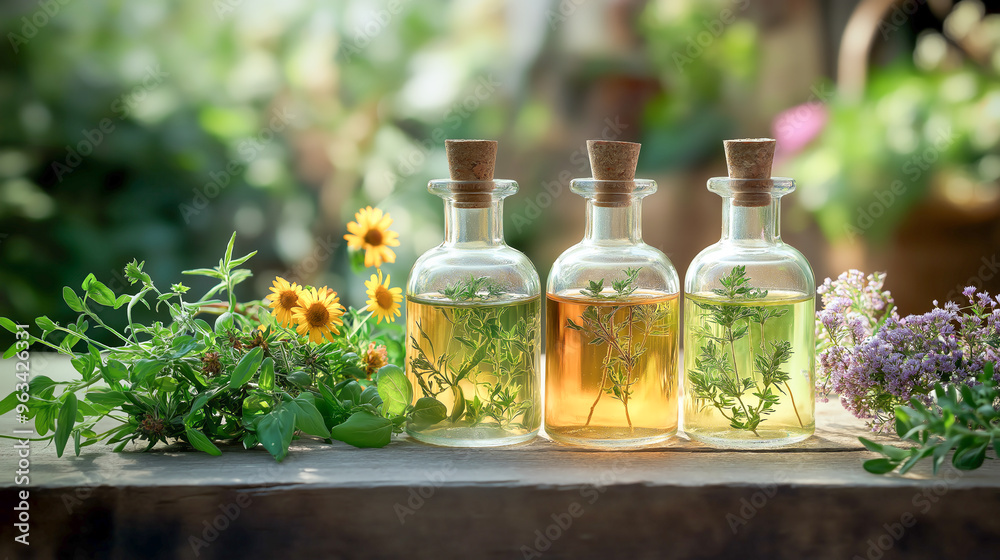Four glass bottles with cork stoppers filled with herbal oils, surrounded by fresh herbs and flowers, on a wooden surface. Four glass bottles with cork stoppers filled with herbal oils, surrounded by fresh herbs and flowers, on a wooden surface.