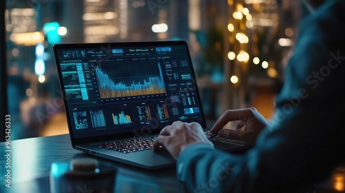 A business professional analyzing a 3D graph on a laptop, with various data sets and projections visible on the screen in a modern office setting.