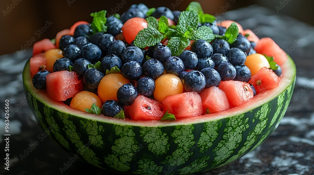 A refreshing watermelon bowl filled with cubed watermelon, cantaloupe, blueberries, and fresh mint.