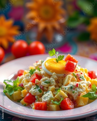 there is a plate of food with eggs and tomatoes on it.