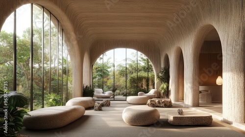style lobby with rounded concrete elements, rough stone furniture, and large windows overlooking greenery, creating a serene atmosphere