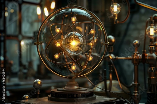 Steampunk atom model glowing with warm light in a workshop