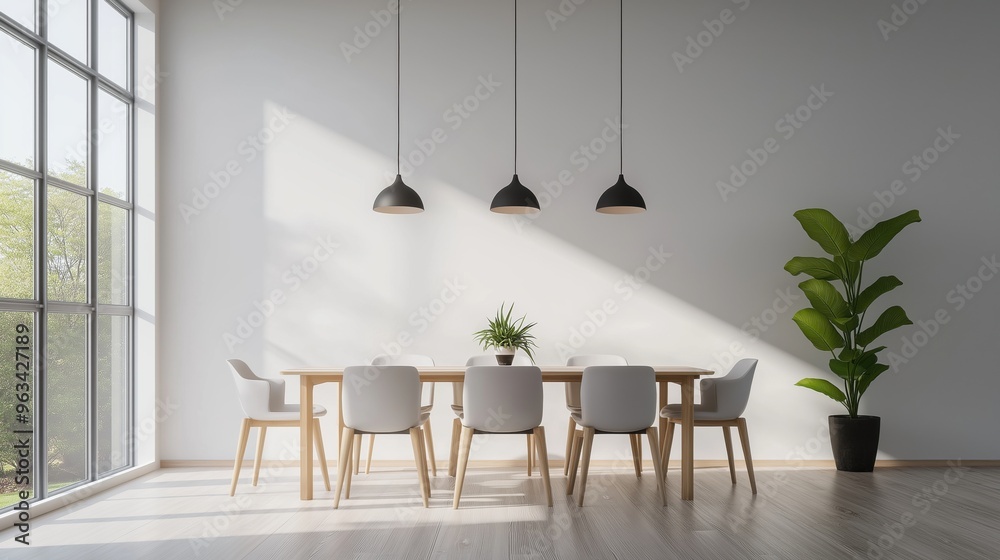 Minimalist dining room with sleek table and pendant lights Minimalist dining room with sleek table and pendant lights