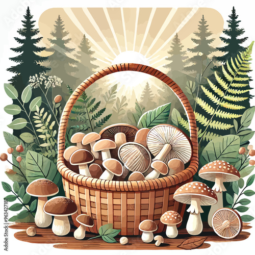 illustration of a basket filled with different types of mushrooms