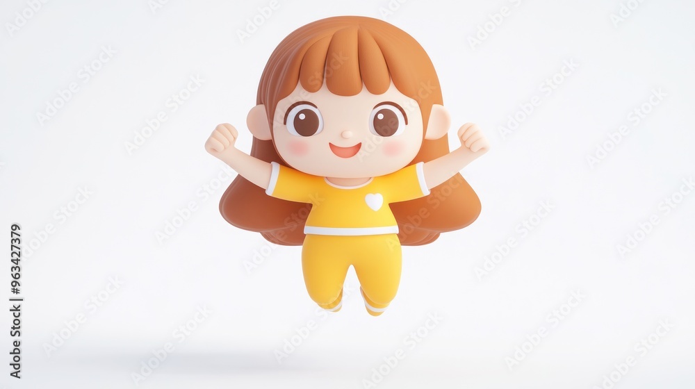 A cheerful cartoon girl in a yellow outfit jumps joyfully with a big smile. A cheerful cartoon girl in a yellow outfit jumps joyfully with a big smile.