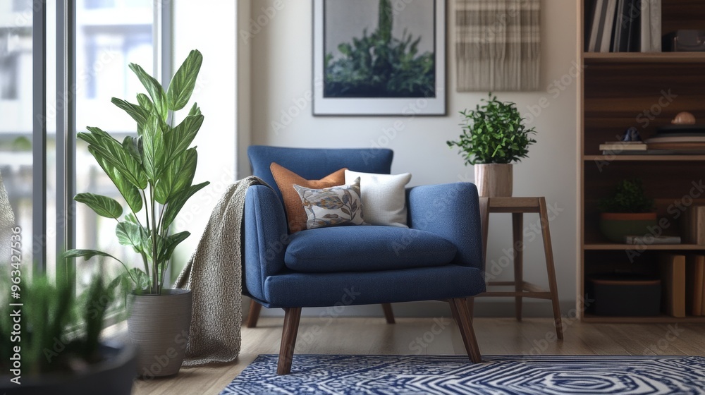 A blue chair with a plant in a pot next to it A blue chair with a plant in a pot next to it