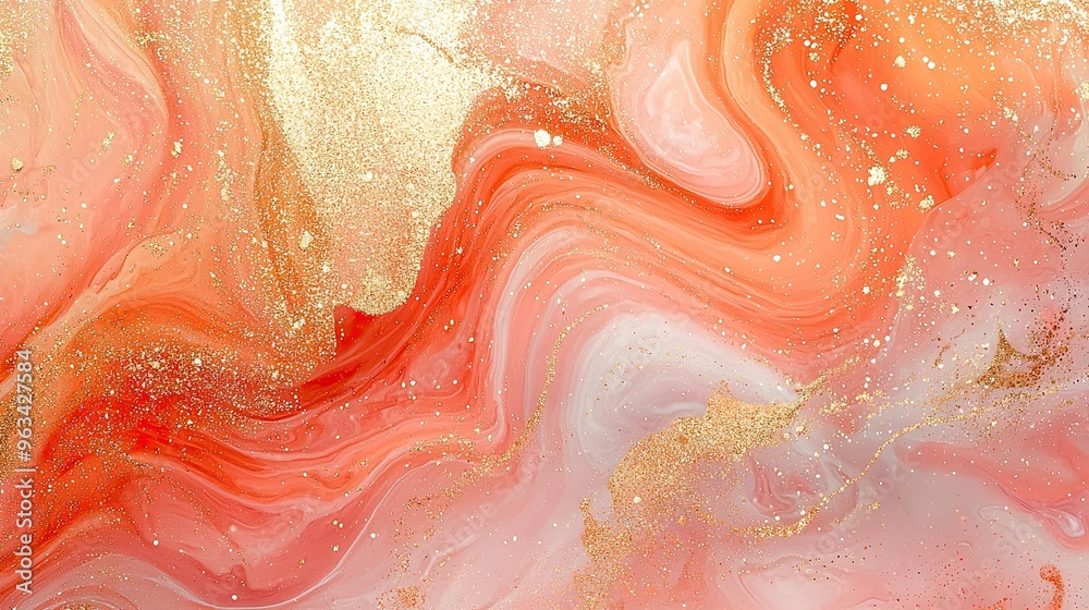 Obraz premium light pastel alcohol ink pour, colors of peach glitter gold and deep orange, sparkles and glitter, wallpaper, 3d texture dramatic look water color, big shapes waves