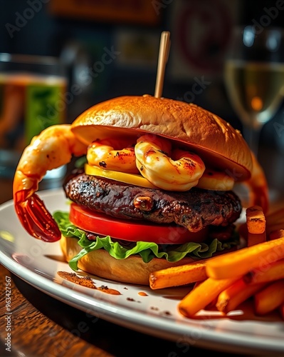 there is a hamburger with shrimp and lettuce on it and french fries. photo