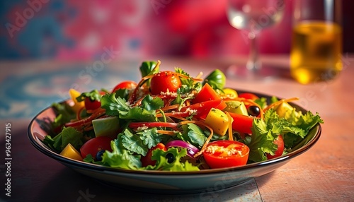 there is a bowl of salad with tomatoes and lettuce on a table. photo