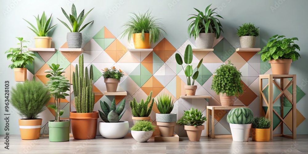 Urban Jungle A Collection of Plants in Terracotta and White Pots Against a Geometric Tile Background, interior design, green, plants
