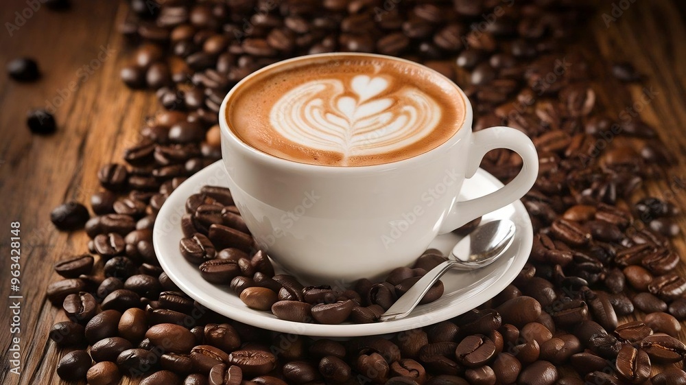 Cappuccino coffee cup , Hot coffee background. cup of coffee on table. light orange Cappuccino coffee cup , Hot coffee background. cup of coffee on table. light orange