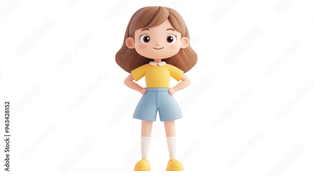 A cheerful cartoon girl stands confidently with hands on hips, wearing a bright outfit. A cheerful cartoon girl stands confidently with hands on hips, wearing a bright outfit.
