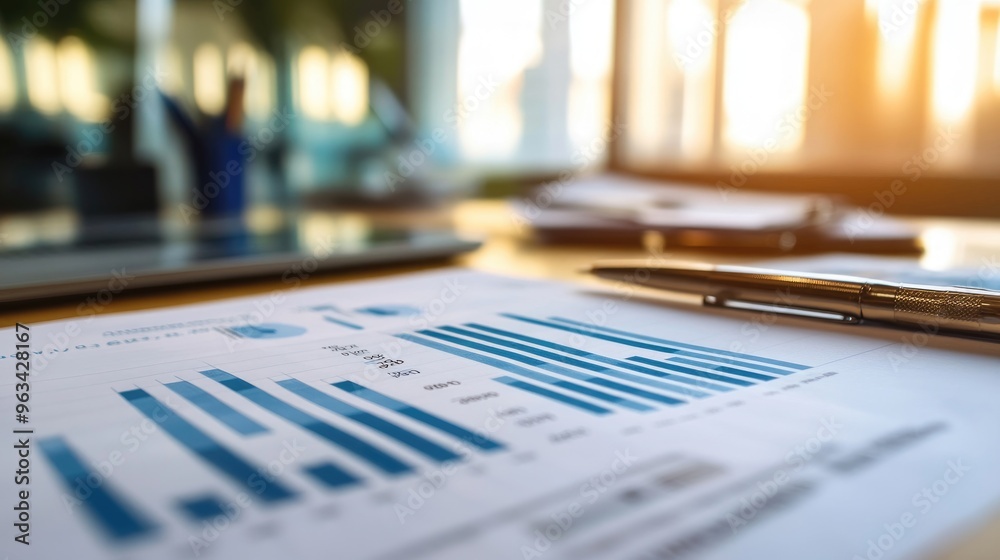 A close-up of a financial report with a complex line graph and numerical data, set on a desk with office accessories and documents.