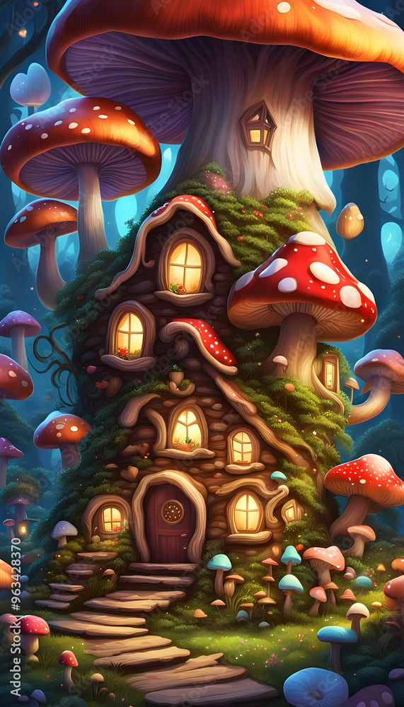 Fototapeta premium A fairy houses colony of Mushrooms in the magical forest, where stars grown on vines in moon light