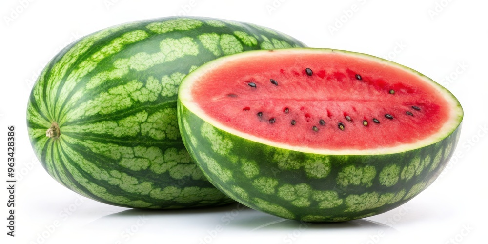 Watermelon Slice and Whole Fruit, Isolated on White Background, Summer Fruit, Red Pulp, Green Rind, Watermelon, Fruit Watermelon Slice and Whole Fruit, Isolated on White Background, Summer Fruit, Red Pulp, Green Rind, Watermelon, Fruit