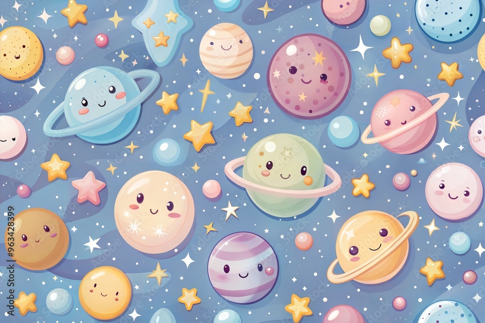 Cute cartoon space with planets and stars in colorful sky scene Cute cartoon space with planets and stars in colorful sky scene