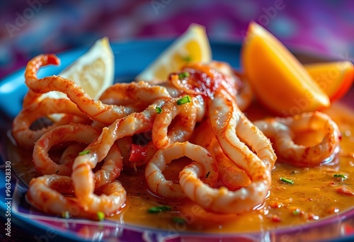 there is a plate of food with shrimp and lemon slices. photo