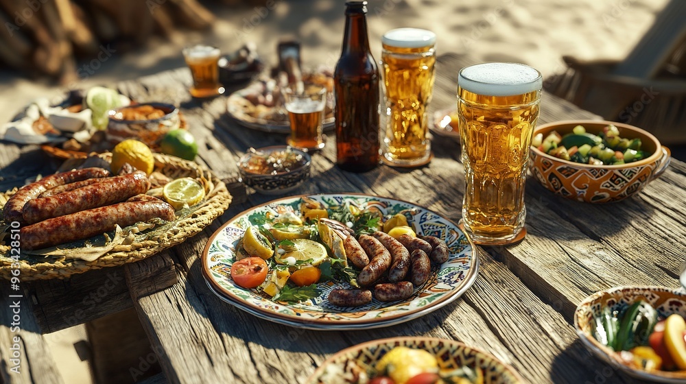 Beach style tables with beer cups, sausage, fruit and vegetable salad Beach style tables with beer cups, sausage, fruit and vegetable salad
