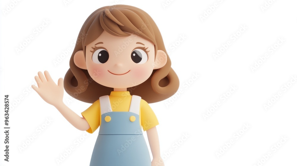 A cheerful cartoon girl with brown hair in a yellow shirt and blue overalls, waving hello. A cheerful cartoon girl with brown hair in a yellow shirt and blue overalls, waving hello.