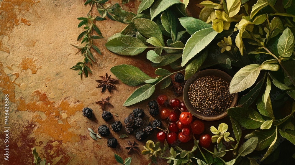 Fototapeta premium Dried Berries, Herbs, and Spices on a Rustic Background