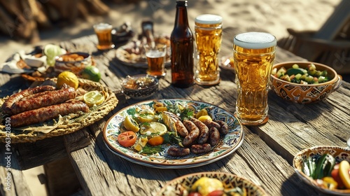 Beach style tables with beer cups, sausage, fruit and vegetable salad