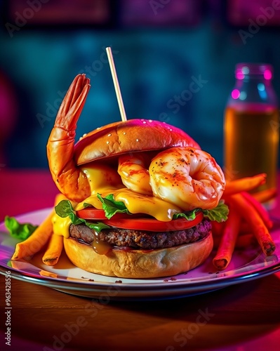 there is a hamburger with shrimp and lettuce on it and fries. photo