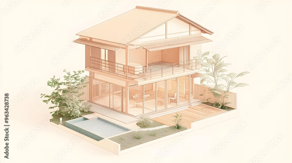 Elegant modern house design featuring spacious interiors, surrounded by greenery, perfect for contemporary living. Elegant modern house design featuring spacious interiors, surrounded by greenery, perfect for contemporary living.