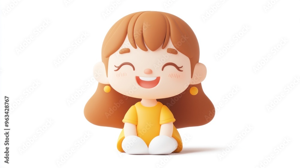 A cheerful cartoon girl with brown hair, sitting and smiling in a bright yellow outfit. A cheerful cartoon girl with brown hair, sitting and smiling in a bright yellow outfit.
