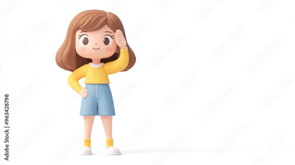 A cheerful cartoon girl with brown hair, wearing a yellow shirt and blue shorts, waving. A cheerful cartoon girl with brown hair, wearing a yellow shirt and blue shorts, waving.