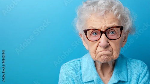 An old woman with glasses and a blue shirt is looking down. She has a sad expression on her face