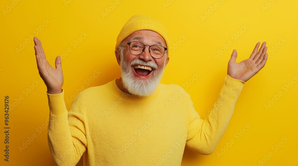 Naklejka premium A man in a yellow sweater is smiling and waving. He is wearing glasses and a yellow hat