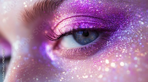 A woman's face is covered in glitter, with her eyes being the main focus