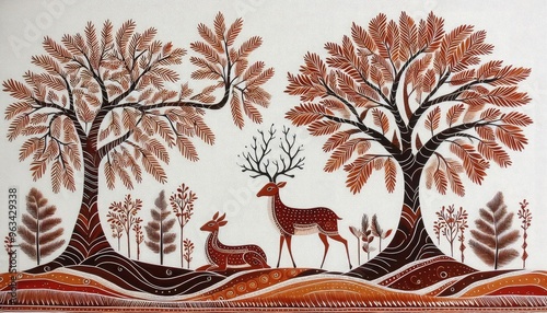 Handcrafted Gond art featuring graceful deer and vibrant trees, depicted in rich earthy tones against a stark white background