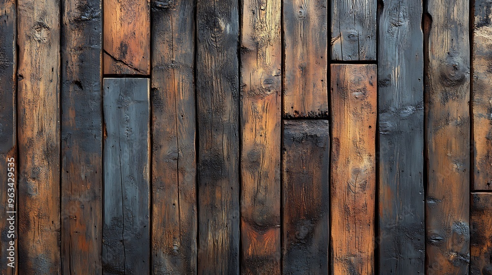 Naklejka premium Weathered wood planks with a burnt texture, showing a distressed and rustic look.