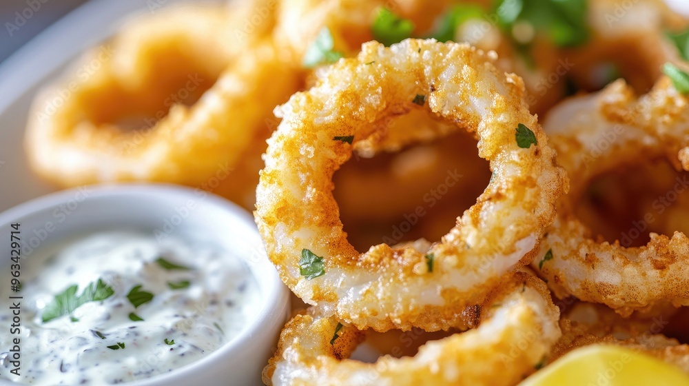 A close-up of golden, crispy calamari rings with a side of tartar sauce, perfect for a delicious appetizer. A close-up of golden, crispy calamari rings with a side of tartar sauce, perfect for a delicious appetizer.