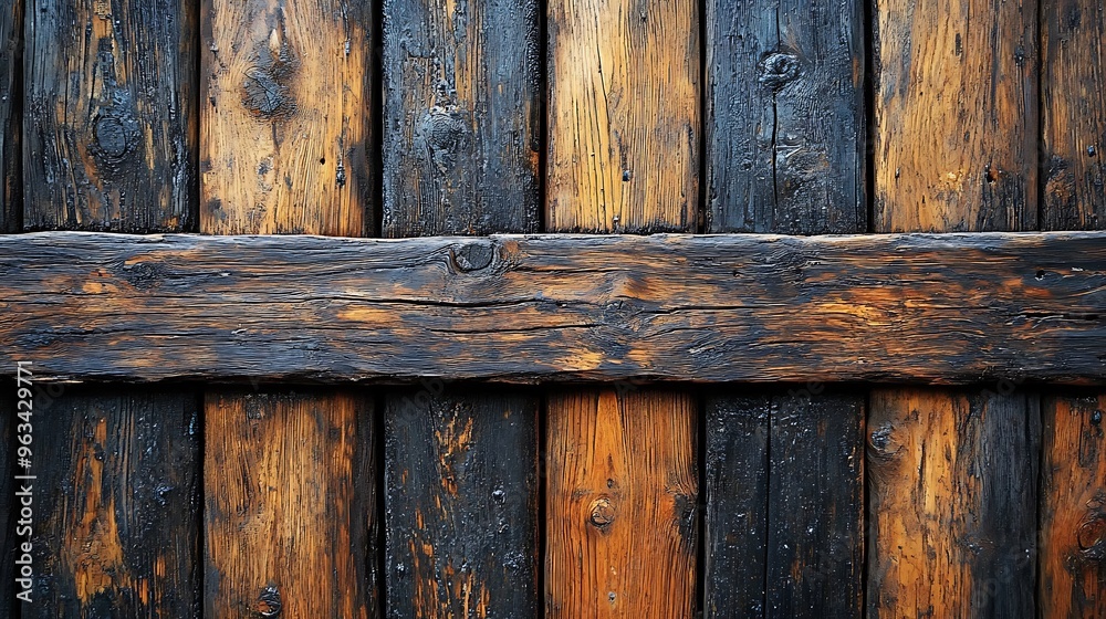 Fototapeta premium Weathered wooden planks with a horizontal beam creating a rustic background.