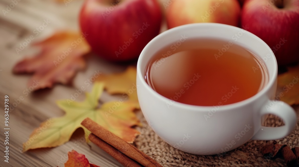 A white cup of tea sits on a wooden table with a few apples and cinnamon sticks A white cup of tea sits on a wooden table with a few apples and cinnamon sticks
