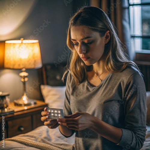 A Young Woman Preparing to Take Her Birth Control Pill in a Modern Bedroom