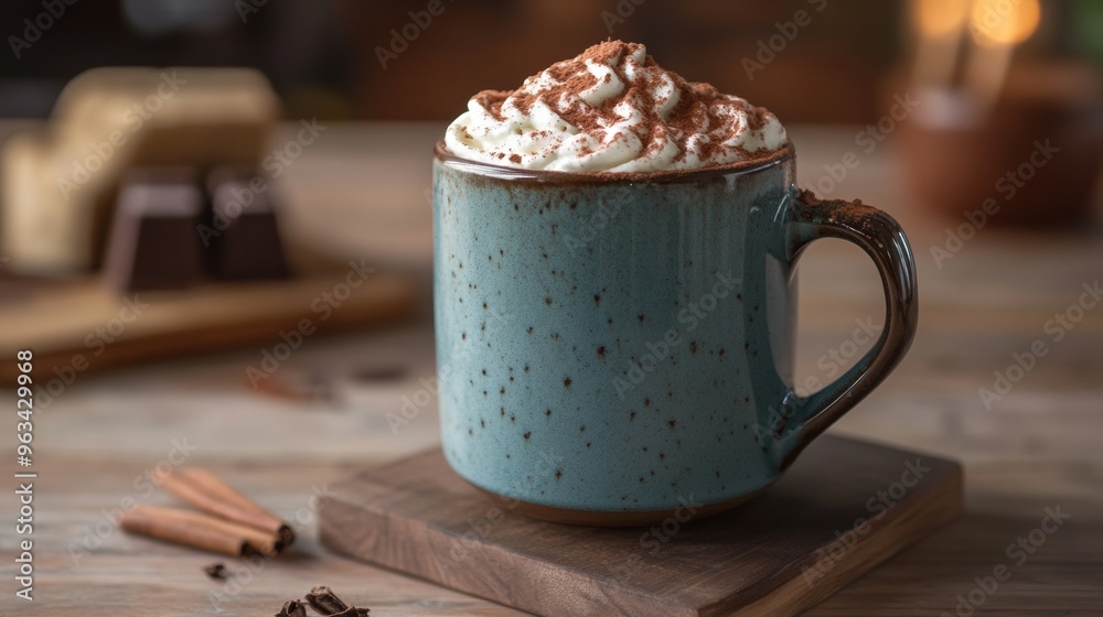 A mug of hot chocolate with whipped cream on top sits on a wooden coaster A mug of hot chocolate with whipped cream on top sits on a wooden coaster