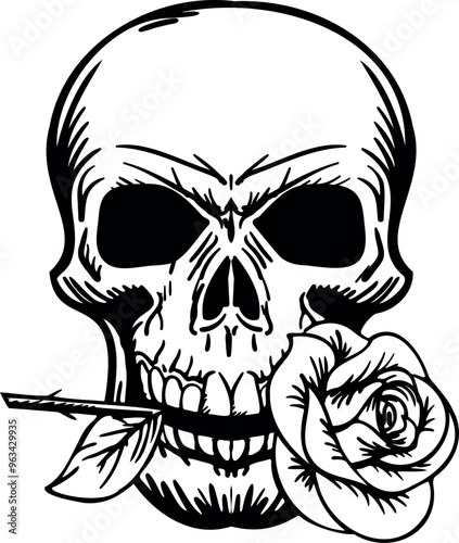 Flat isolated skull with rose. Halloween skull illustration vector.