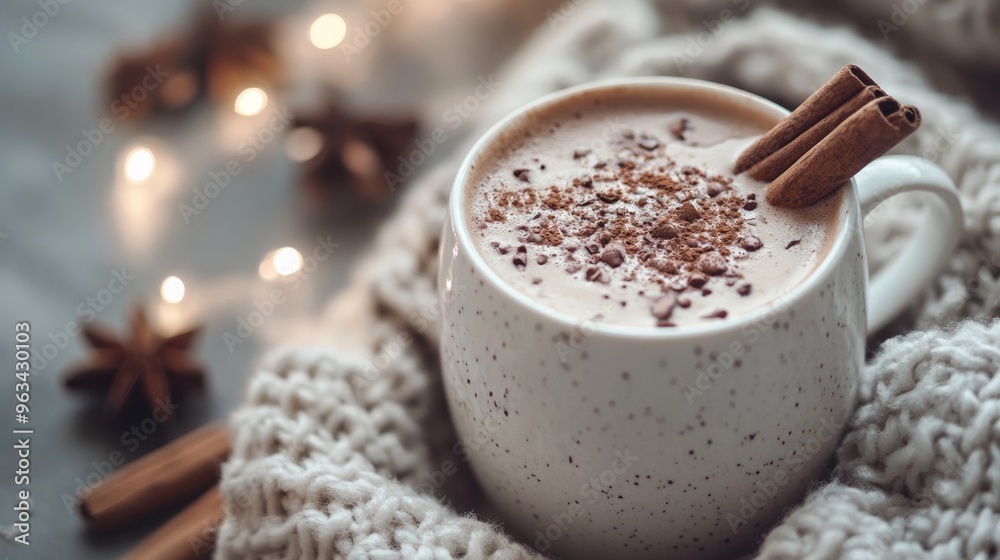 A mug of hot chocolate with cinnamon sticks on top A mug of hot chocolate with cinnamon sticks on top